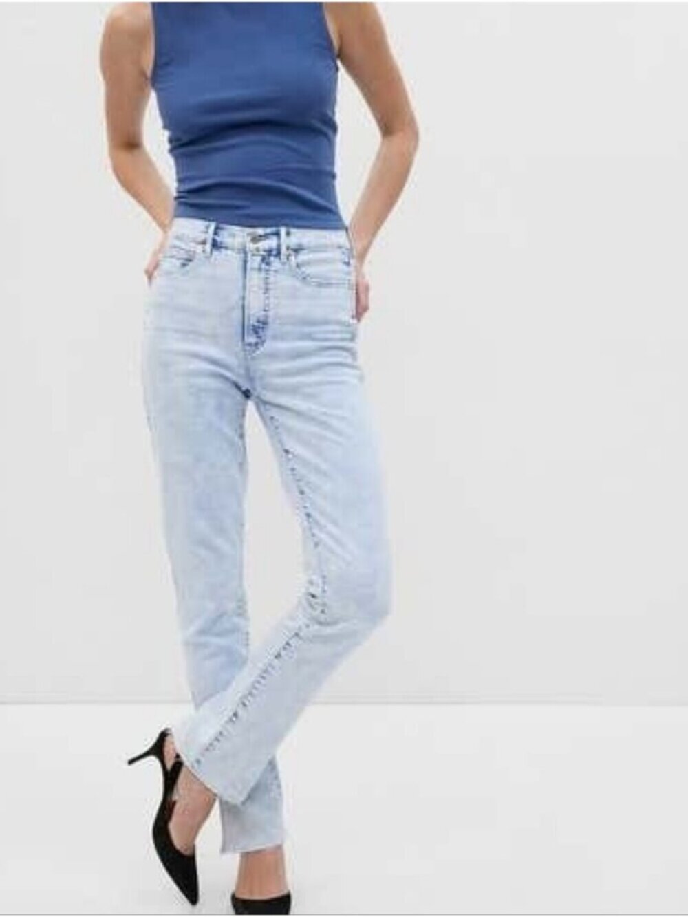 GAP Vintage Slim High Rise Jeans Light Blue Acid Wash Side Slit Size 31 12 Tall